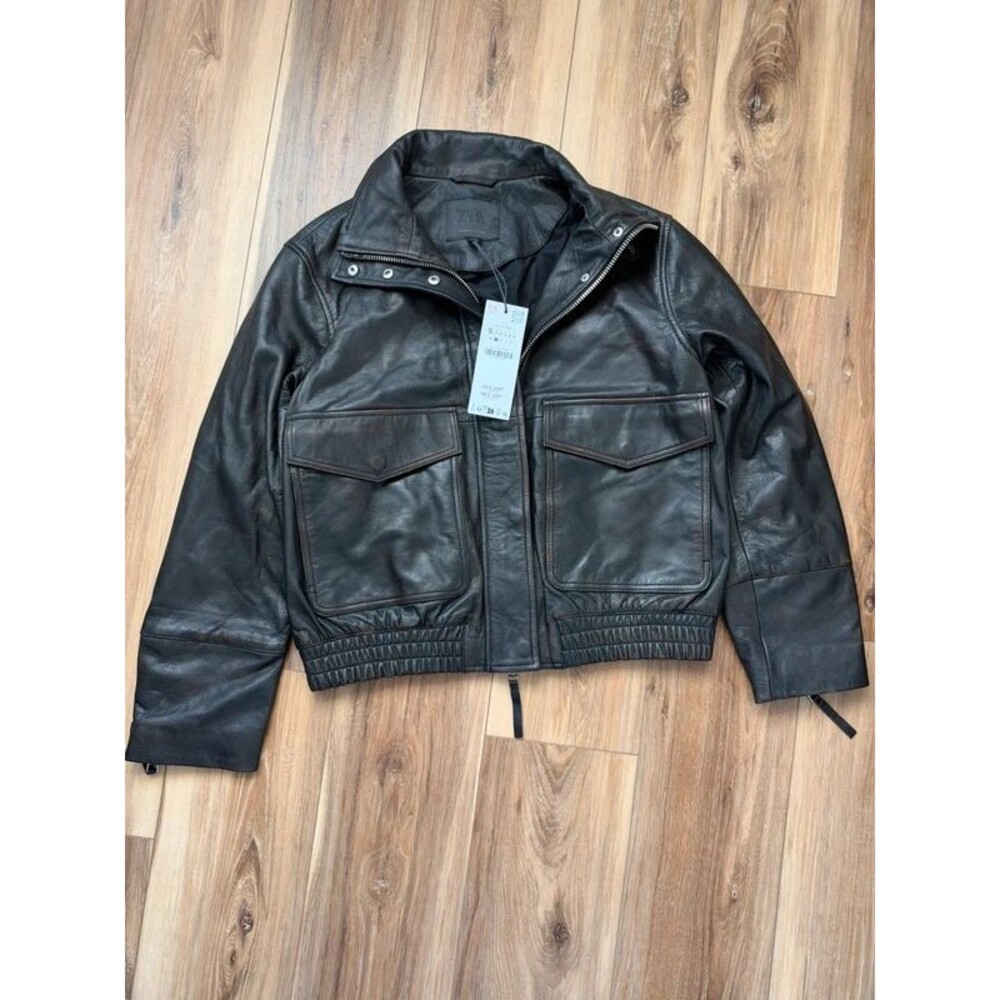 ZARA Leather Jacket Small 100% Goat Leather Bomber Pocket Black $419